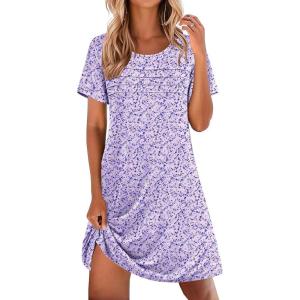 imageEkouaer Cotton Nightgowns for Women Short Sleeve Sleep Shirts Pleated Night Shirts Soft Crew Neck Night GownPurple Flowers
