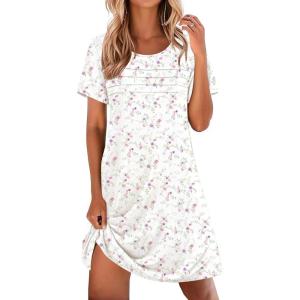imageEkouaer Cotton Nightgowns for Women Short Sleeve Sleep Shirts Pleated Night Shirts Soft Crew Neck Night GownWhite Floral