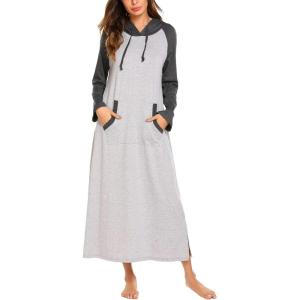 imageEkouaer Nightgowns for Women Cotton Nightgown Long Sleeve Hooded Night Gown Contrast Color Full Length Loungewear with PocketAgrey