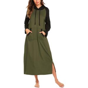imageEkouaer Nightgowns for Women Cotton Nightgown Long Sleeve Hooded Night Gown Contrast Color Full Length Loungewear with PocketArmy Green