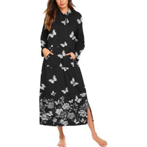 imageEkouaer Nightgowns for Women Cotton Nightgown Long Sleeve Hooded Night Gown Contrast Color Full Length Loungewear with PocketBlack Butterfly