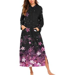 imageEkouaer Nightgowns for Women Cotton Nightgown Long Sleeve Hooded Night Gown Contrast Color Full Length Loungewear with PocketBlack Cherry Blossoms