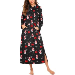 imageEkouaer Nightgowns for Women Cotton Nightgown Long Sleeve Hooded Night Gown Contrast Color Full Length Loungewear with PocketBlack Christmas Print