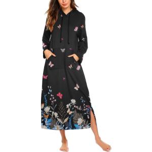 imageEkouaer Nightgowns for Women Cotton Nightgown Long Sleeve Hooded Night Gown Contrast Color Full Length Loungewear with PocketBlack Colorful Butterfly