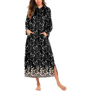 imageEkouaer Nightgowns for Women Cotton Nightgown Long Sleeve Hooded Night Gown Contrast Color Full Length Loungewear with PocketBlack Flowers