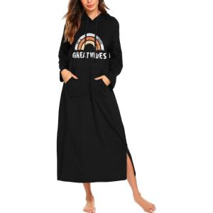 imageEkouaer Nightgowns for Women Cotton Nightgown Long Sleeve Hooded Night Gown Contrast Color Full Length Loungewear with PocketBlack Rainbow