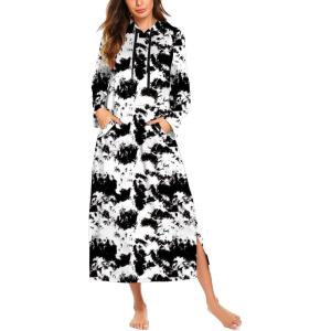 imageEkouaer Nightgowns for Women Cotton Nightgown Long Sleeve Hooded Night Gown Contrast Color Full Length Loungewear with PocketBlack Tie Dye