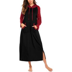 imageEkouaer Nightgowns for Women Cotton Nightgown Long Sleeve Hooded Night Gown Contrast Color Full Length Loungewear with PocketBlackRed