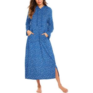 imageEkouaer Nightgowns for Women Cotton Nightgown Long Sleeve Hooded Night Gown Contrast Color Full Length Loungewear with PocketBlue Dog Footprints