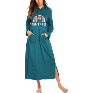 imageEkouaer Nightgowns for Women Cotton Nightgown Long Sleeve Hooded Night Gown Contrast Color Full Length Loungewear with PocketBlue Green Rainbow