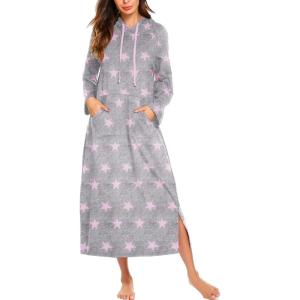 imageEkouaer Nightgowns for Women Cotton Nightgown Long Sleeve Hooded Night Gown Contrast Color Full Length Loungewear with PocketGrey Pink Stras