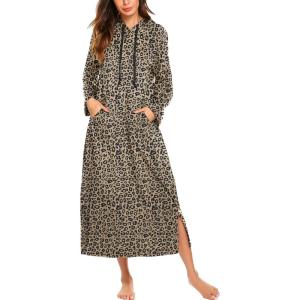 imageEkouaer Nightgowns for Women Cotton Nightgown Long Sleeve Hooded Night Gown Contrast Color Full Length Loungewear with PocketLeopard