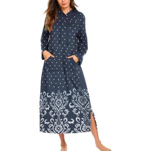 imageEkouaer Nightgowns for Women Cotton Nightgown Long Sleeve Hooded Night Gown Contrast Color Full Length Loungewear with PocketNavy Dot