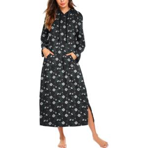 imageEkouaer Nightgowns for Women Cotton Nightgown Long Sleeve Hooded Night Gown Contrast Color Full Length Loungewear with PocketNavy Flowers