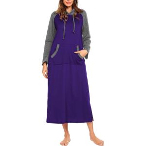 imageEkouaer Nightgowns for Women Cotton Nightgown Long Sleeve Hooded Night Gown Contrast Color Full Length Loungewear with PocketPurple