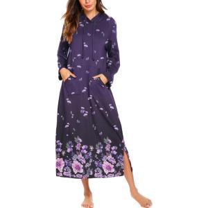 imageEkouaer Nightgowns for Women Cotton Nightgown Long Sleeve Hooded Night Gown Contrast Color Full Length Loungewear with PocketPurple Flower
