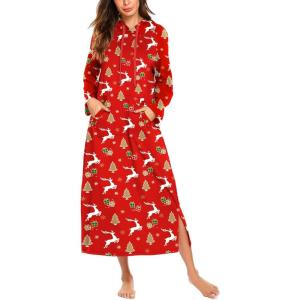 imageEkouaer Nightgowns for Women Cotton Nightgown Long Sleeve Hooded Night Gown Contrast Color Full Length Loungewear with PocketRed Christmas Deer