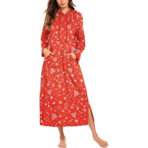 imageEkouaer Nightgowns for Women Cotton Nightgown Long Sleeve Hooded Night Gown Contrast Color Full Length Loungewear with PocketRed Christmas Print