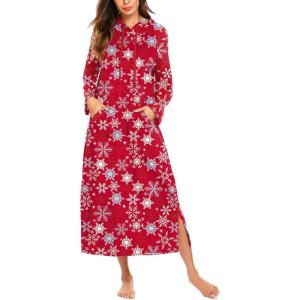 imageEkouaer Nightgowns for Women Cotton Nightgown Long Sleeve Hooded Night Gown Contrast Color Full Length Loungewear with PocketRed Snowflake