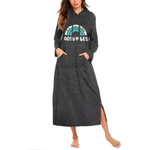 imageEkouaer Nightgowns for Women Cotton Nightgown Long Sleeve Hooded Night Gown Contrast Color Full Length Loungewear with PocketWine Red  Gray  Black