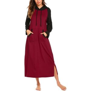 imageEkouaer Nightgowns for Women Cotton Nightgown Long Sleeve Hooded Night Gown Contrast Color Full Length Loungewear with PocketWine Red