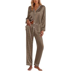 imageEkouaer Silk Pajamas for Women Classic Button Down Satin Pajama Sets Long Sleeve Lounge SetBlack Brown Stripe