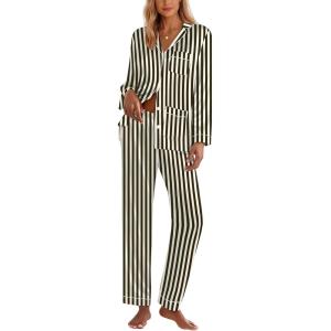 imageEkouaer Silk Pajamas for Women Classic Button Down Satin Pajama Sets Long Sleeve Lounge SetBlack Champagne Stripe
