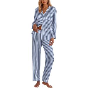 imageEkouaer Silk Pajamas for Women Classic Button Down Satin Pajama Sets Long Sleeve Lounge SetBlue White Stripe