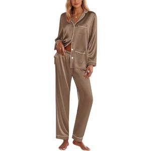 imageEkouaer Silk Pajamas for Women Classic Button Down Satin Pajama Sets Long Sleeve Lounge SetBrown