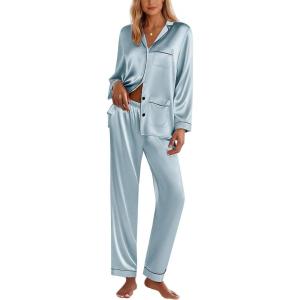 imageEkouaer Silk Pajamas for Women Classic Button Down Satin Pajama Sets Long Sleeve Lounge SetClear Blue
