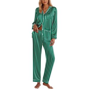 imageEkouaer Silk Pajamas for Women Classic Button Down Satin Pajama Sets Long Sleeve Lounge SetDark Green Striped
