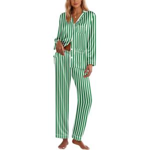 imageEkouaer Silk Pajamas for Women Classic Button Down Satin Pajama Sets Long Sleeve Lounge SetGreen White Stripe