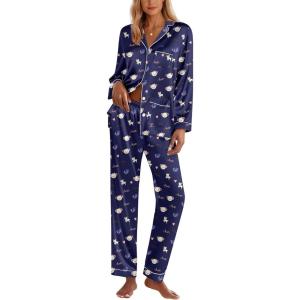 imageEkouaer Silk Pajamas for Women Classic Button Down Satin Pajama Sets Long Sleeve Lounge SetNavy Teddy Alpaca