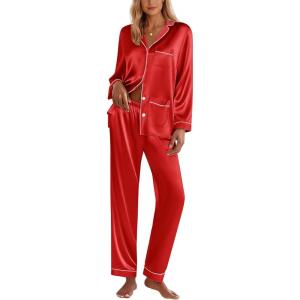 imageEkouaer Silk Pajamas for Women Classic Button Down Satin Pajama Sets Long Sleeve Lounge SetRed