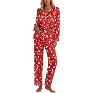 imageEkouaer Silk Pajamas for Women Classic Button Down Satin Pajama Sets Long Sleeve Lounge SetRed Snowman