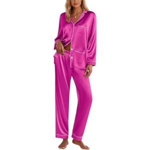 imageEkouaer Silk Pajamas for Women Classic Button Down Satin Pajama Sets Long Sleeve Lounge SetRose