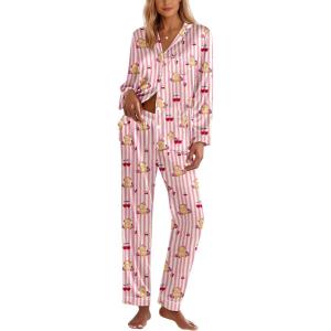 imageEkouaer Silk Pajamas for Women Classic Button Down Satin Pajama Sets Long Sleeve Lounge SetTeddy Cherry Striped