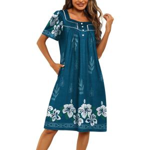imageEkouaer Womens House Dress with Pockets Moomoo Dresses Short Sleeve Mumu Nightgown Lounge Dress Button Down SleepwearBlue With Flower