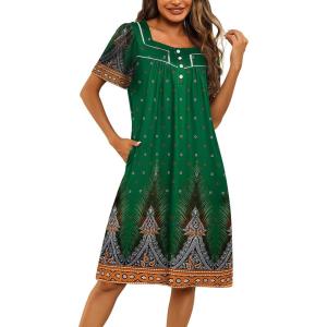imageEkouaer Womens House Dress with Pockets Moomoo Dresses Short Sleeve Mumu Nightgown Lounge Dress Button Down SleepwearGreen Feather