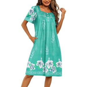 imageEkouaer Womens House Dress with Pockets Moomoo Dresses Short Sleeve Mumu Nightgown Lounge Dress Button Down SleepwearGreen With Flower