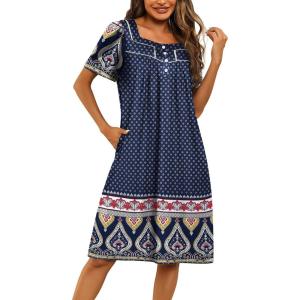 imageEkouaer Womens House Dress with Pockets Moomoo Dresses Short Sleeve Mumu Nightgown Lounge Dress Button Down SleepwearNavy Blue Boho