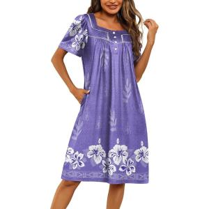 imageEkouaer Womens House Dress with Pockets Moomoo Dresses Short Sleeve Mumu Nightgown Lounge Dress Button Down SleepwearPurple With Flower