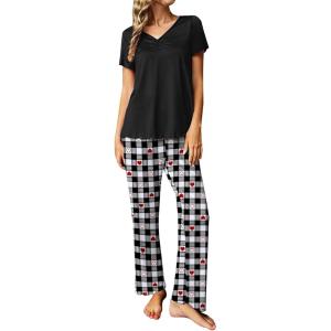 imageEkouaer Womens Pajama Sets 2 Piece Lounge Set Soft Pajamas for Women Set Short Sleeve and Long Pants Pjs with PocketsBlack