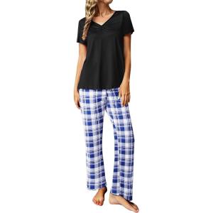 imageEkouaer Womens Pajama Sets 2 Piece Lounge Set Soft Pajamas for Women Set Short Sleeve and Long Pants Pjs with PocketsBlue Plaid