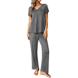 imageEkouaer Womens Pajama Sets 2 Piece Lounge Set Soft Pajamas for Women Set Short Sleeve and Long Pants Pjs with PocketsDeep Grey