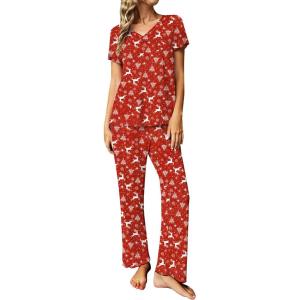 imageEkouaer Womens Pajama Sets 2 Piece Lounge Set Soft Pajamas for Women Set Short Sleeve and Long Pants Pjs with PocketsElk