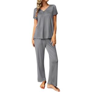 imageEkouaer Womens Pajama Sets 2 Piece Lounge Set Soft Pajamas for Women Set Short Sleeve and Long Pants Pjs with PocketsGrey
