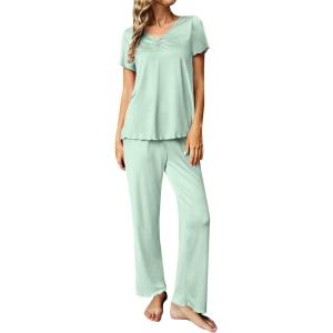 imageEkouaer Womens Pajama Sets 2 Piece Lounge Set Soft Pajamas for Women Set Short Sleeve and Long Pants Pjs with PocketsLight Green