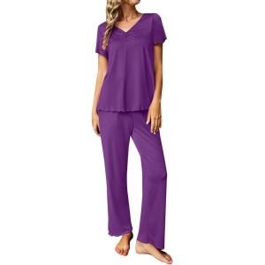 imageEkouaer Womens Pajama Sets 2 Piece Lounge Set Soft Pajamas for Women Set Short Sleeve and Long Pants Pjs with PocketsPurple