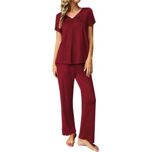 imageEkouaer Womens Pajama Sets 2 Piece Lounge Set Soft Pajamas for Women Set Short Sleeve and Long Pants Pjs with PocketsRed